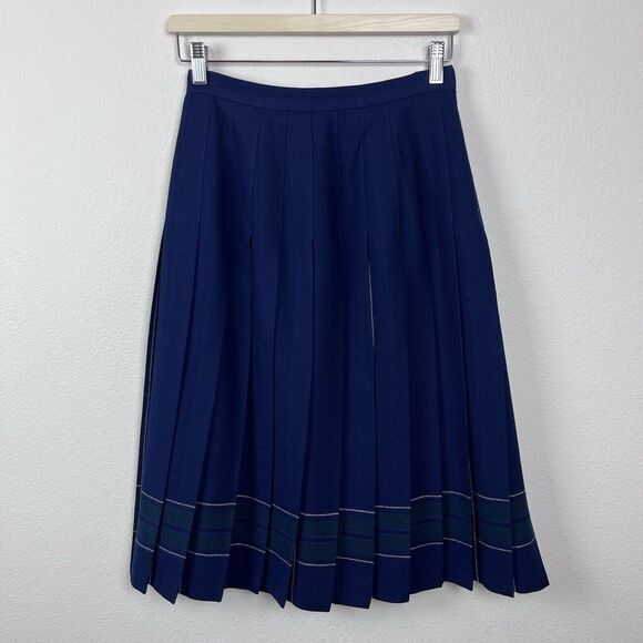 Vintage LL Bean Skirt Womens Eight Petite Wool Midi Pleated Scotland Preppy Blue - Picture 1 of 12